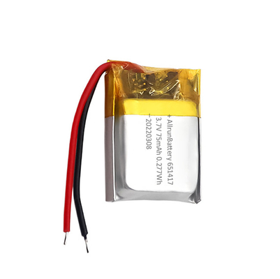 পাতলা IoT ব্যাটারি প্যাক রিচার্জেবল কাস্টম 3.7 V 75mAh LiPo ব্যাটারি 651417