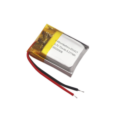 পাতলা IoT ব্যাটারি প্যাক রিচার্জেবল কাস্টম 3.7 V 75mAh LiPo ব্যাটারি 651417